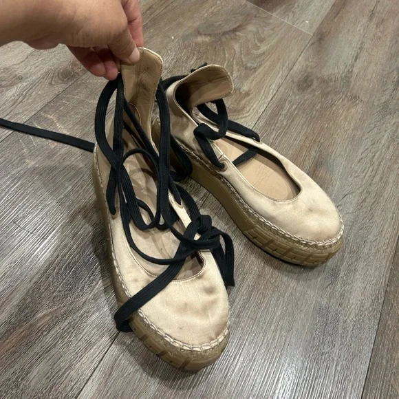 Prada Nude Espadrille Lace-Up Platform Flats - Picture 2 of 6